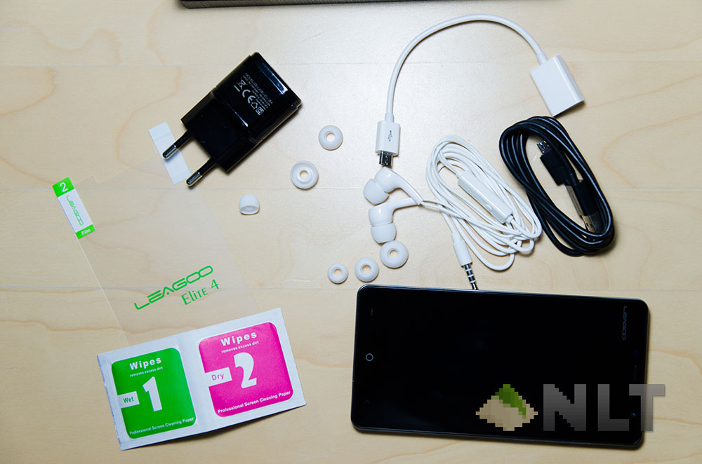 Screen protector with wipes, charger, OTG cable, earphones with total of 4 eartip sizes, micro USB cable, and the Elite 4.
