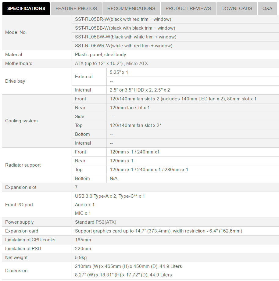 SilverStone RL05 specs