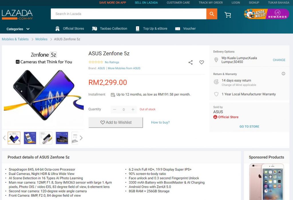 ASUS ZenFone 5z 8GB + 256GB storage