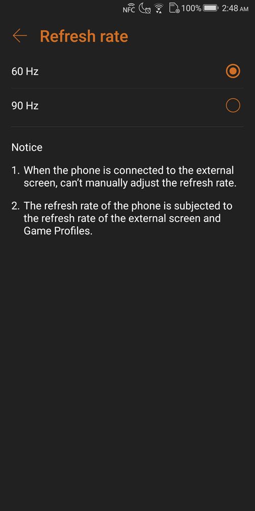 ASUS ROG Phone refresh rate settings in Settings menu