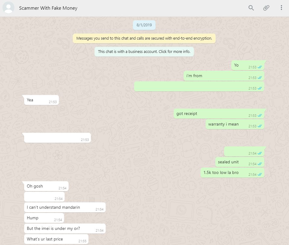Fake money scammer WhatsApp conversation