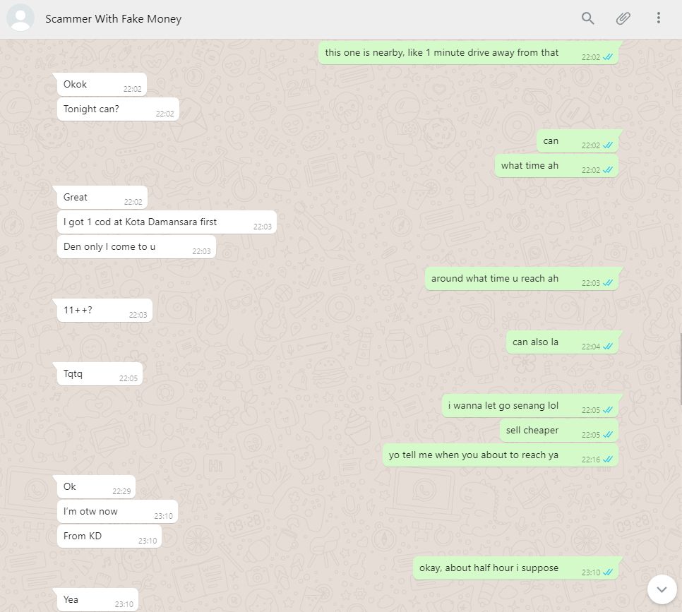 Fake money scammer WhatsApp conversation