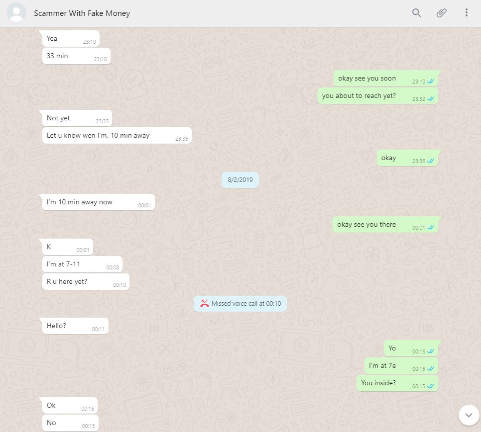 Fake money scammer WhatsApp conversation