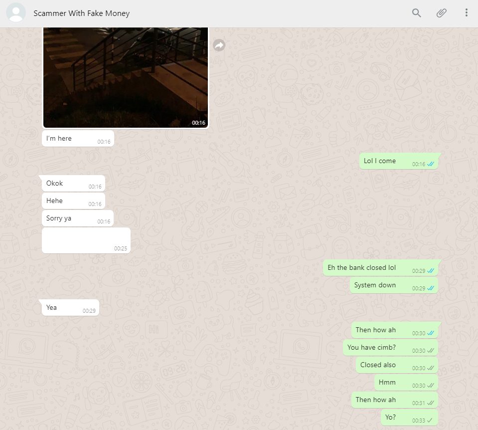 Fake money scammer WhatsApp conversation