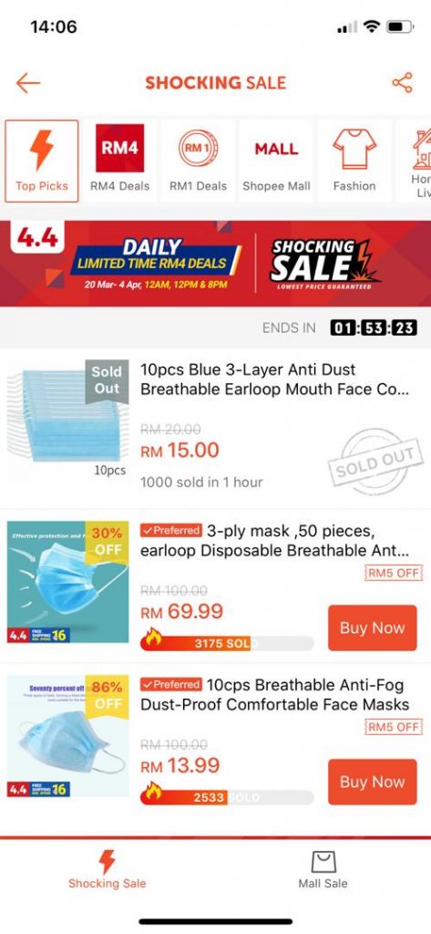 Pricing for Mask on Shopee