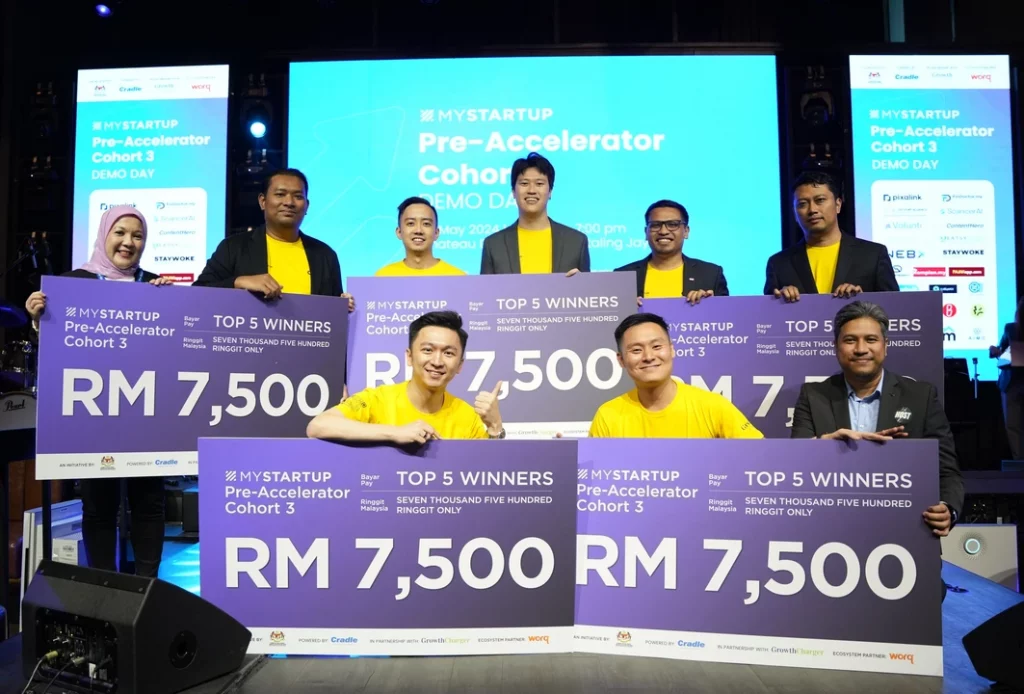 The top five (5) winners from the MYStartup Pre-Accelerator Cohort 3 that were announced on Demo Day. From left (top): Eliza Elias of Cradle, Beseek, Practistica, Scancer AI. From left (bottom): FinDoc, StayWokeProperty, Iskandar Shafi’i of Growth Charger.