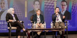 From left: Eliza Elias, Cradle’s VP of Strategic Communications (moderator), Ts. Ng Kwang Ming, CEO of Digital Peang (panellist), Norman Matthieu Vanhaecke, Group CEO of Cradle (panellist)