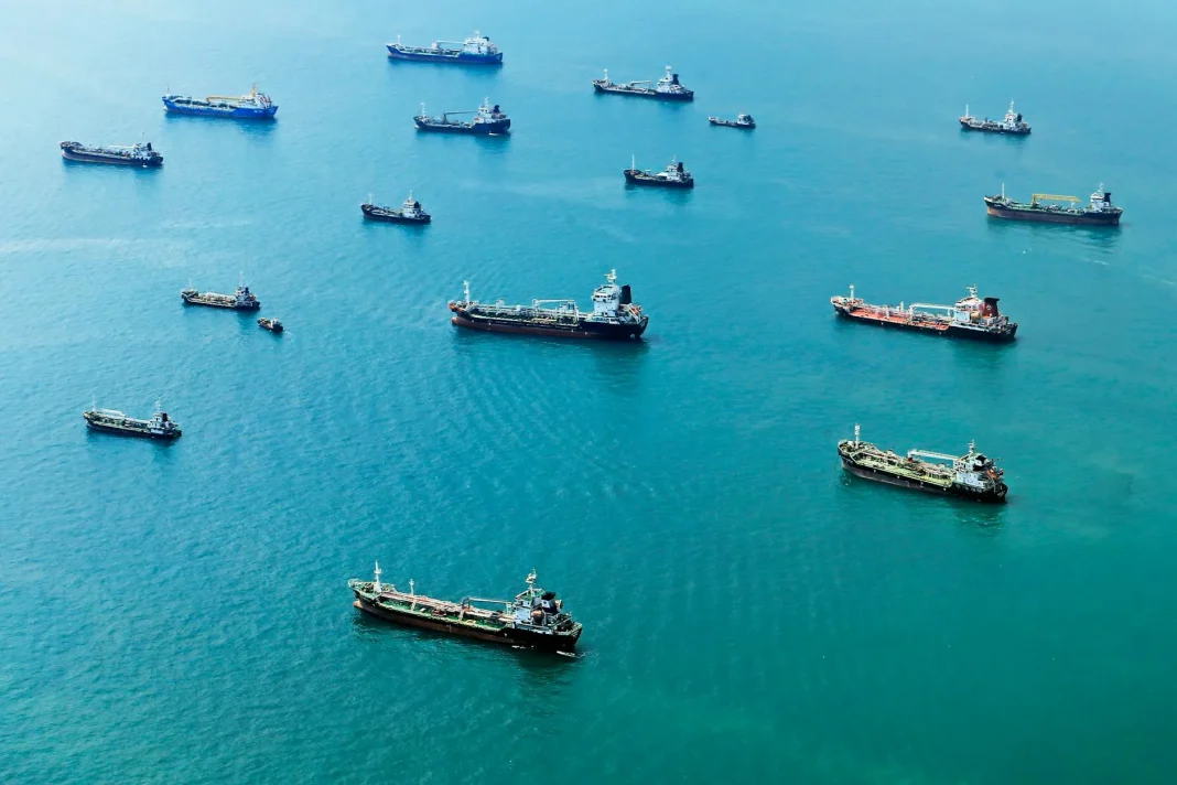 aerial view of cargo ships on open sea