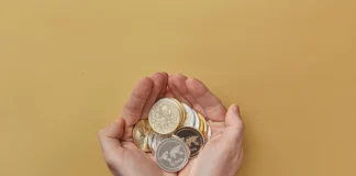 person holding gold and silver round coins