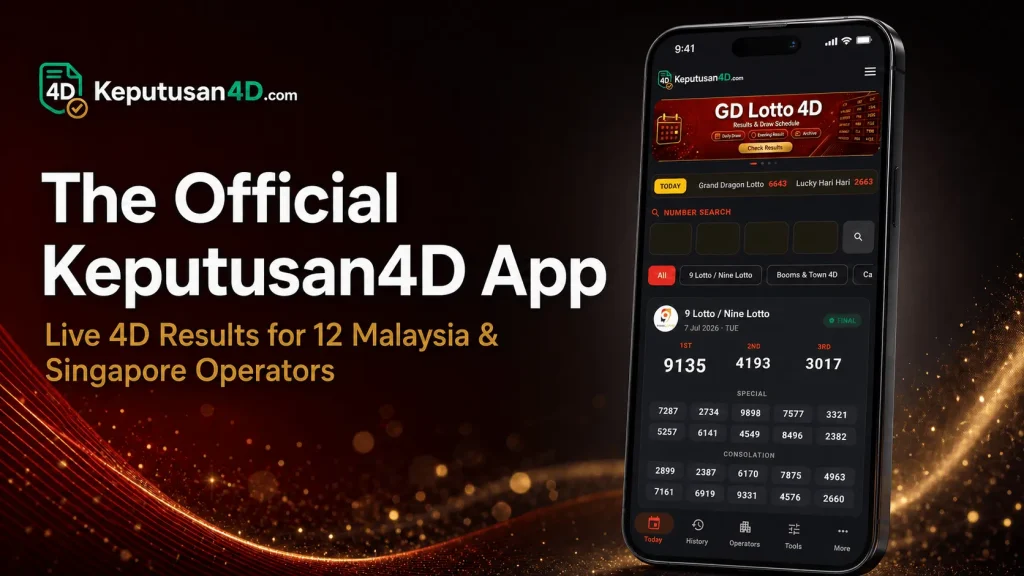 Keputusan4D app showing live results from Malaysia and Singapore 4D operators on an iPhone