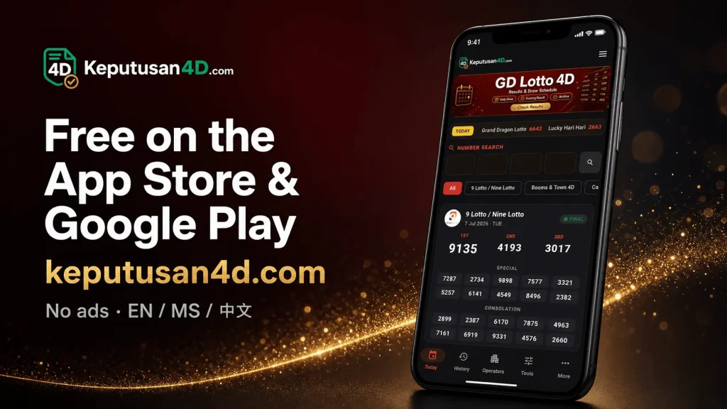 Keputusan4D 4D app available free on the App Store and Google Play with English, Malay and Chinese support and no ads