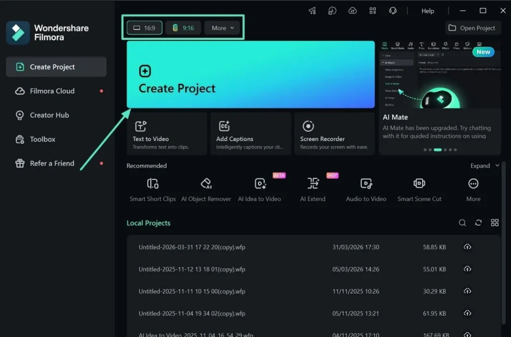 create project in filmora